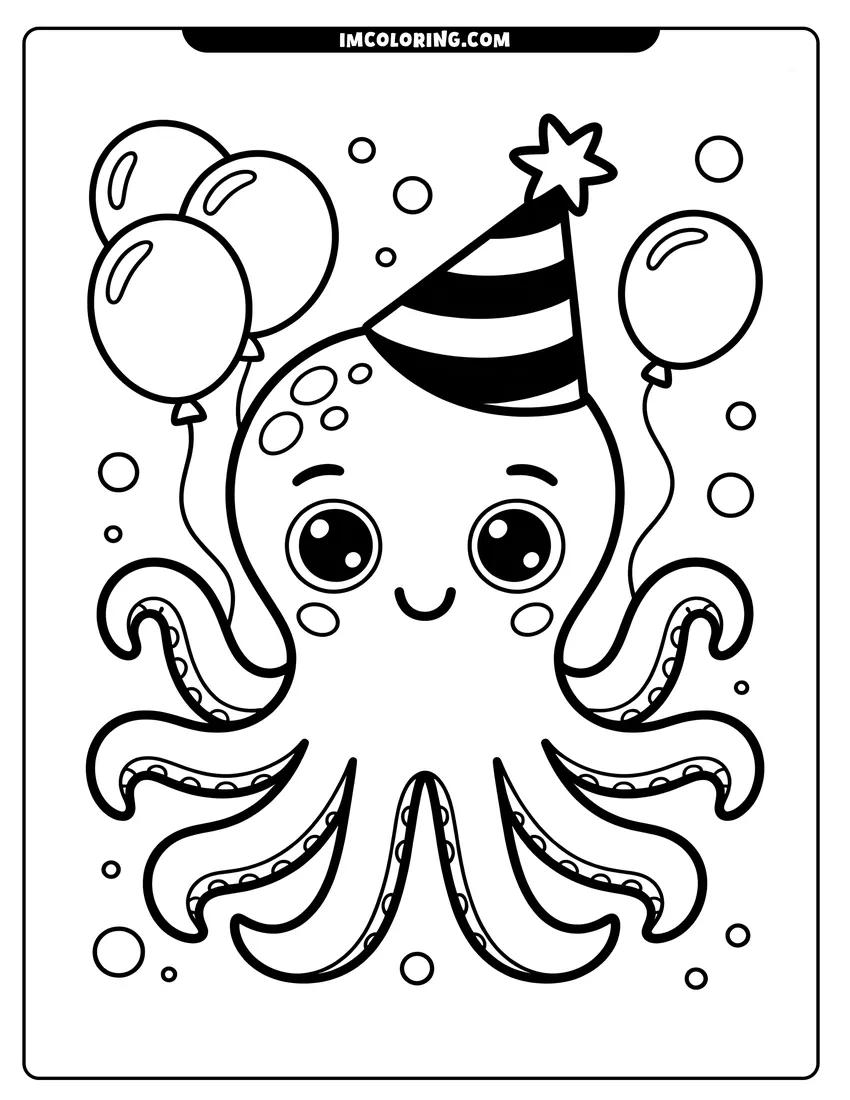 Downloadable coloring page of A cute cartoon octopus wearing a striped party hat and holding balloons underwater with bubbles floating nearby