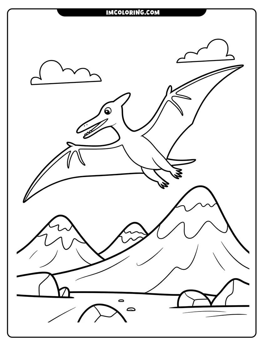 Vector style outline of A smiling Pterodactyl flying through the sky over large mountain peaks with clouds in the background