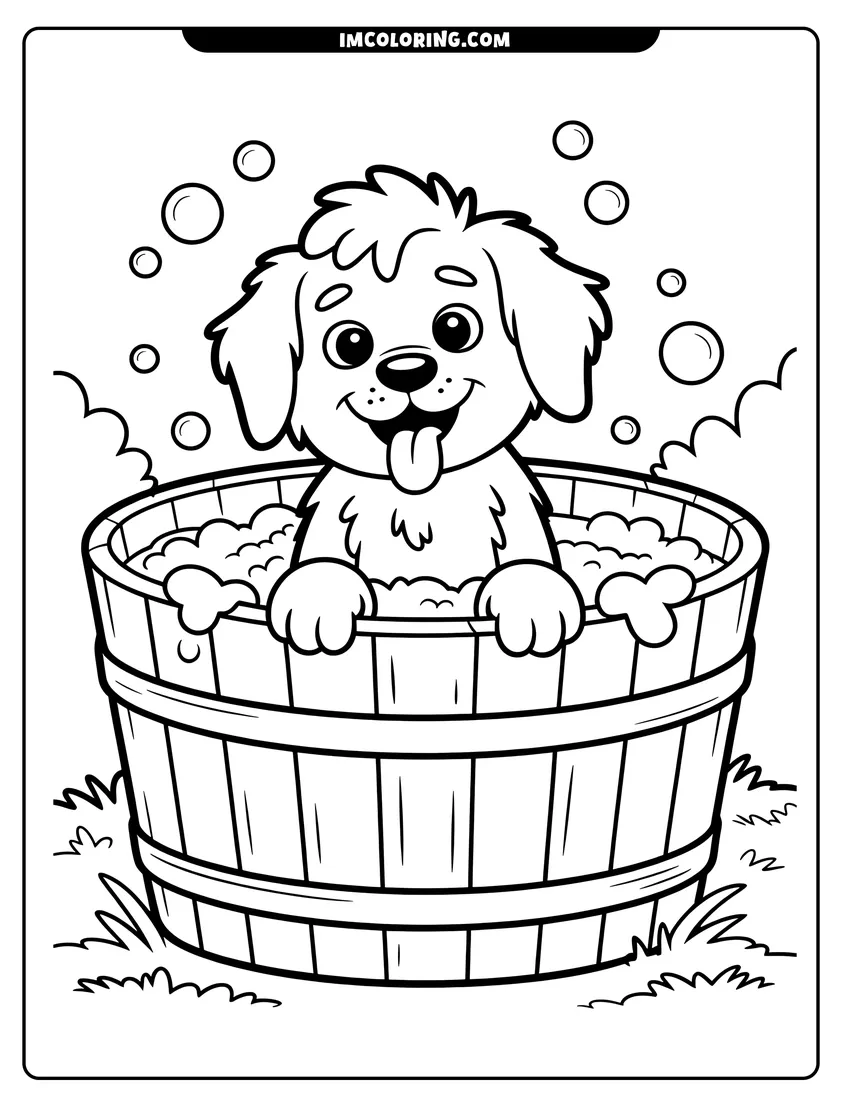 Outline drawing of A happy cartoon puppy with its tongue out sitting in a wooden bathtub full of soap bubbles