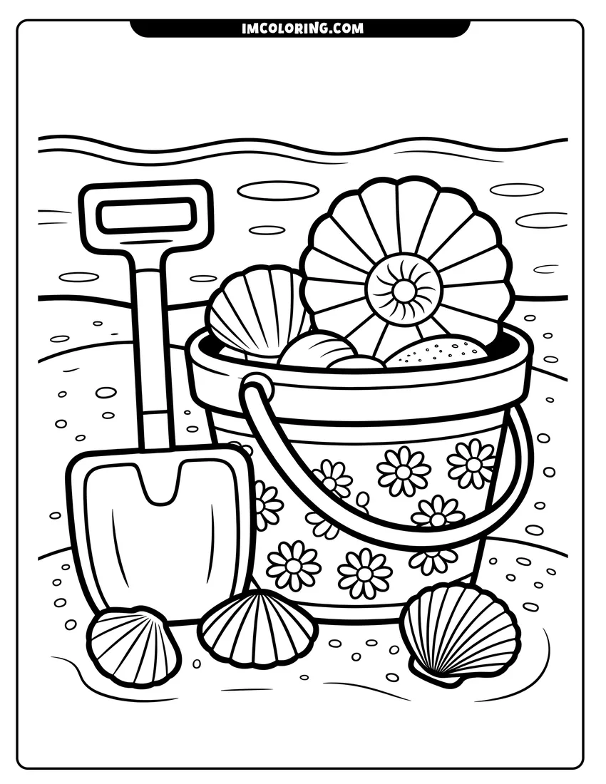 Printable line art of A flowery beach bucket filled with seashells next to a toy shovel on a sandy ocean shore