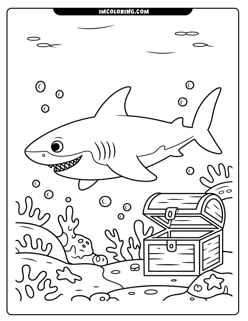Coloring sheet featuring A cute cartoon shark swimming over an open treasure chest and coral at the bottom of the ocean