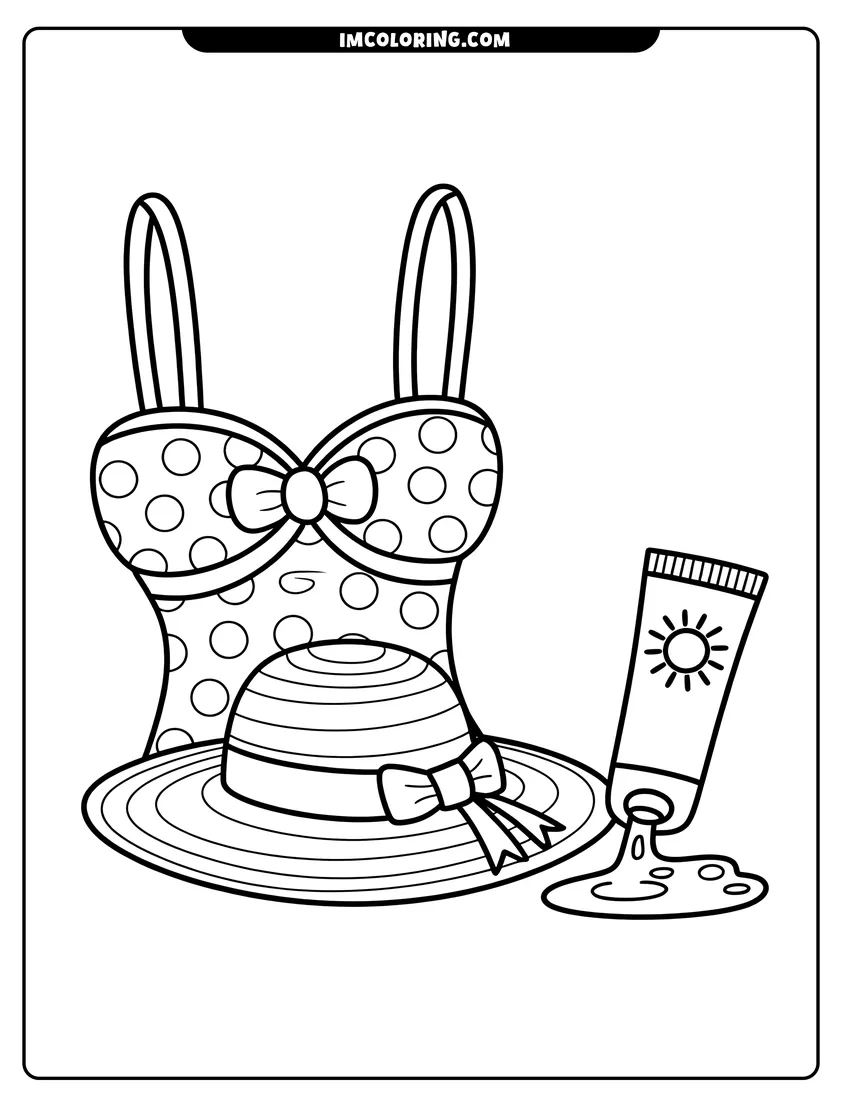 High quality printable A polka dot one-piece swimsuit, a striped sun hat with a bow, and a tube of sunscreen for coloring