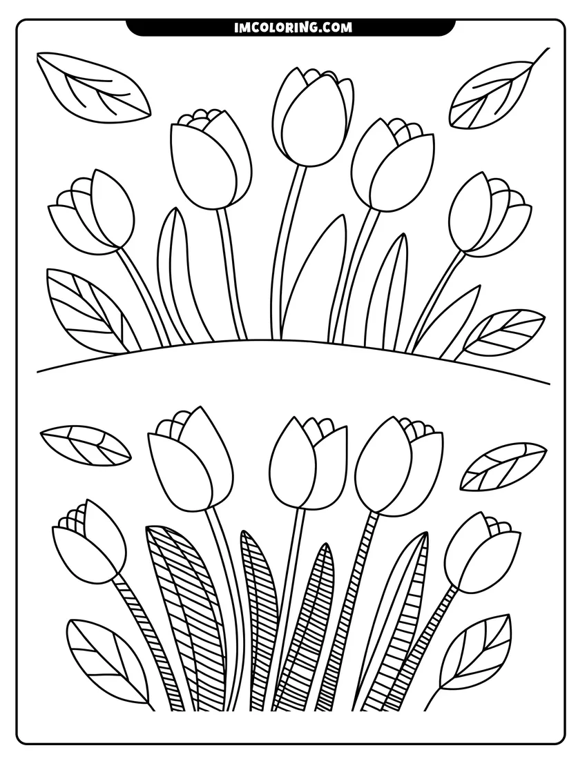 Coloring page for kids: A collection of simple tulip flowers with patterned stems and leaves growing in two horizontal garden rows