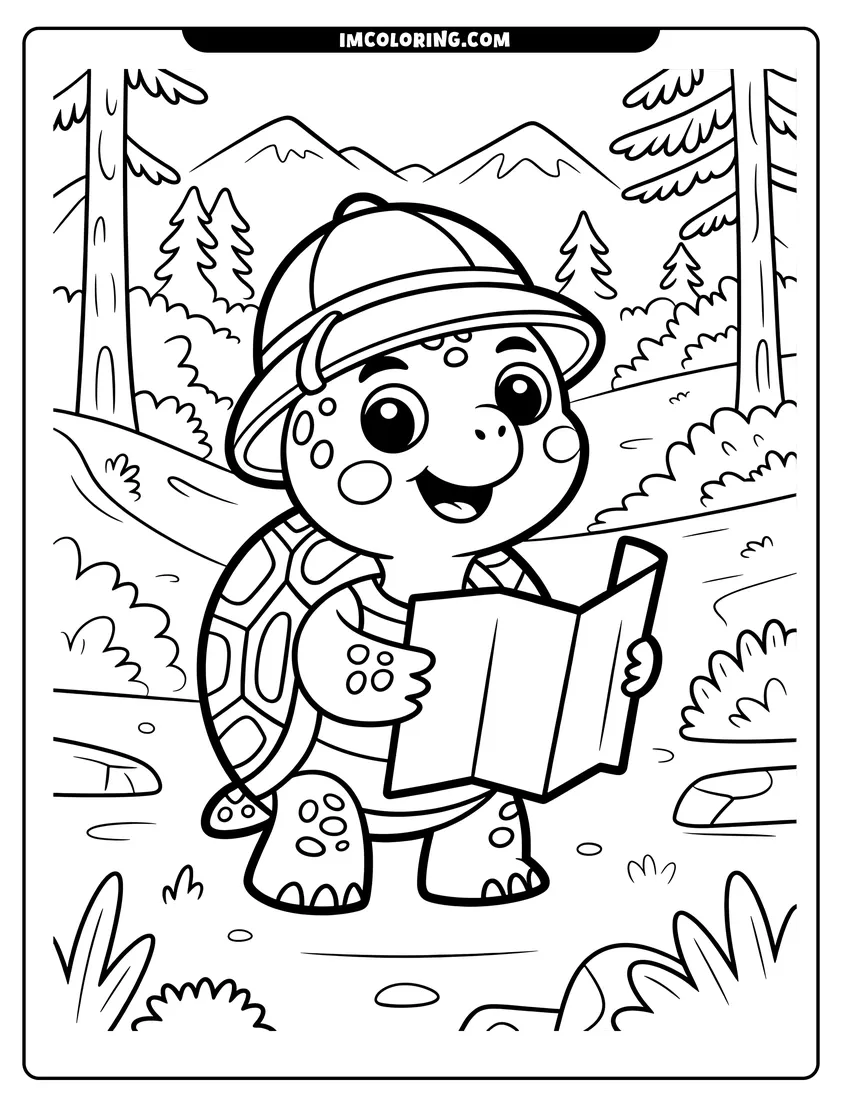 Vector style outline of A cute turtle wearing a sun hat and holding a map while hiking through a mountain forest