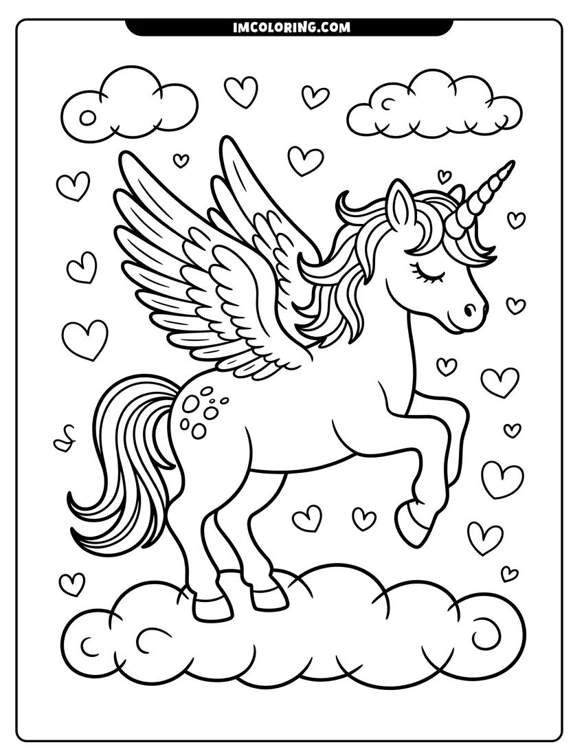Clean line drawing: A magical winged unicorn standing on a cloud surrounded by floating hearts and soft clouds in the sky