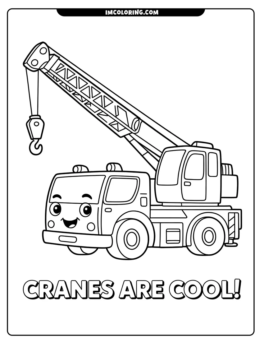 Vector style outline of A smiling cartoon crane truck with a large lifting arm and the words cranes are cool below