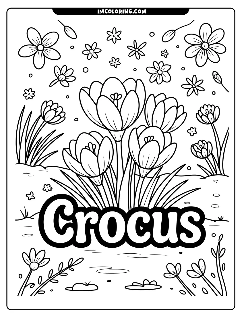 Full page coloring image of A cluster of crocus flowers surrounded by smaller blossoms and the word Crocus in bold letters