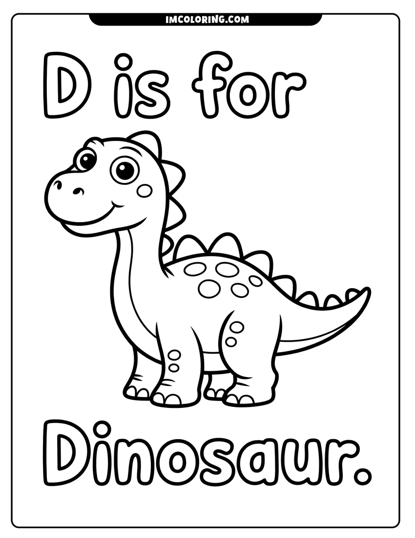 Free printable coloring sheet of Cartoon dinosaur with spots and spikes standing below the letter D alphabet learning text