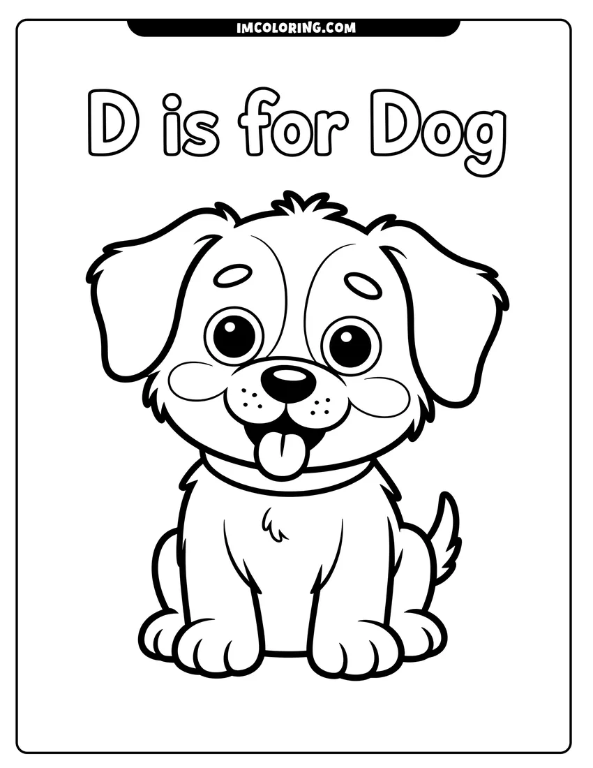 PDF style coloring page: A happy cartoon puppy sitting down under the text D is for Dog with its tongue sticking out