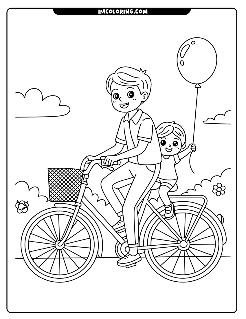 Free printable coloring sheet of A happy father and child riding a bicycle outdoors with the child holding a large round balloon