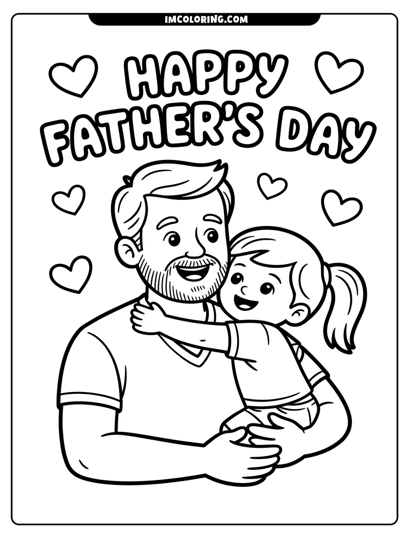 PDF style coloring page: A happy father with a beard holding his young daughter surrounded by hearts and Father's Day text