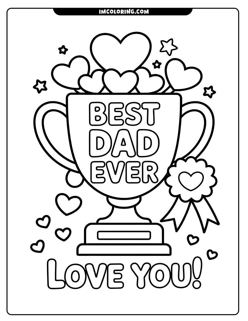 Vector style outline of A trophy with the words Best Dad Ever, surrounded by hearts, stars, and a winner's ribbon