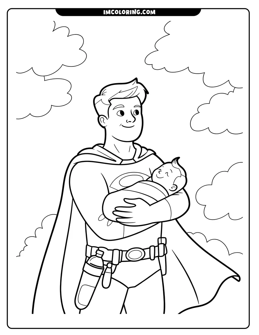 Simple sketch of A smiling man in a superhero costume and cape holding a sleeping infant against a cloudy sky background to color