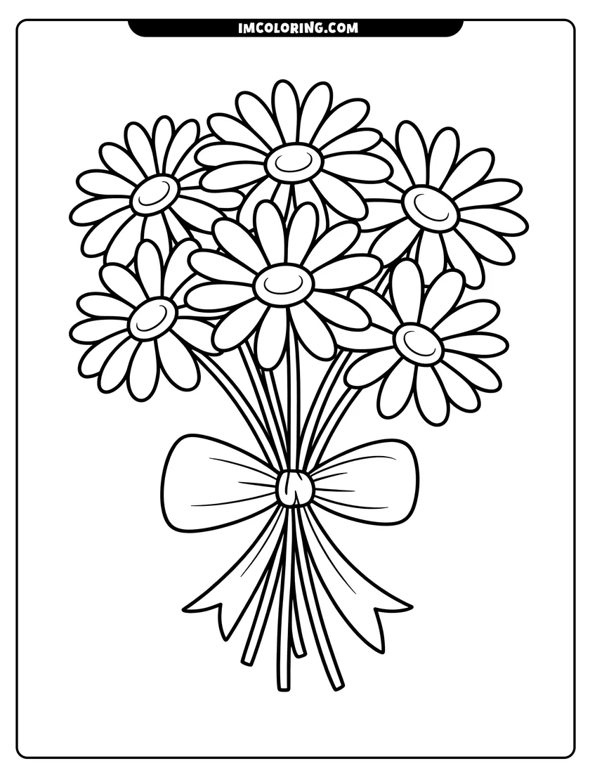 Doodle style coloring picture of A bouquet of daisy flowers tied together with a large ribbon bow in simple black and white lines