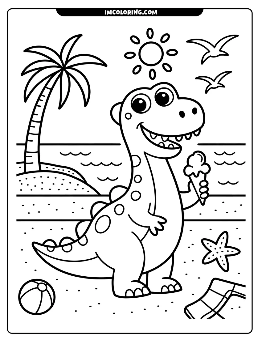 Simple sketch of A cute cartoon dinosaur holding an ice cream cone on a beach with a palm tree and sun to color