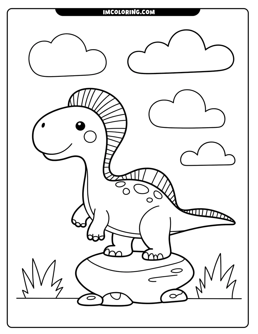 Doodle style coloring picture of A cute cartoon dinosaur with a fin on its back standing on a rock under fluffy clouds