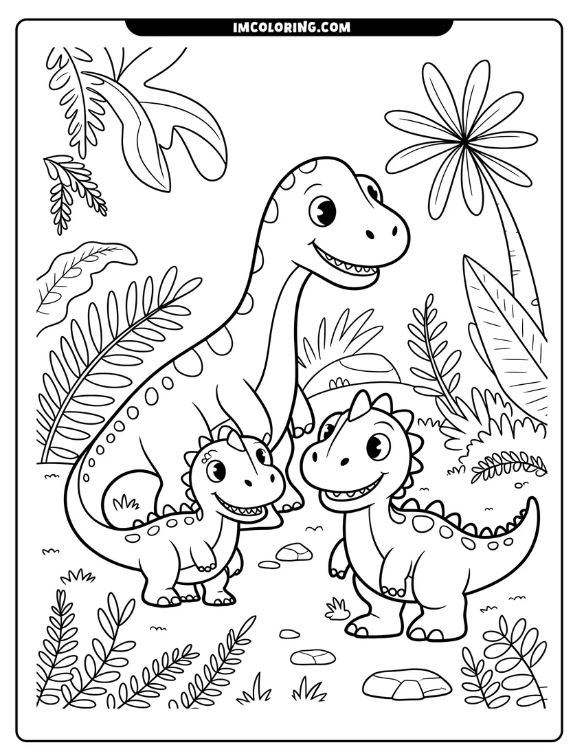 Free to print drawing of Three friendly dinosaurs with spots and spikes explore a tropical forest filled with large ferns and palm trees