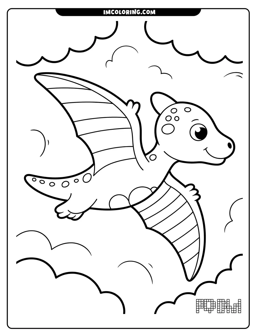 Black and white line art of A cute cartoon pterodactyl flying through a sky filled with fluffy clouds and birds in the distance