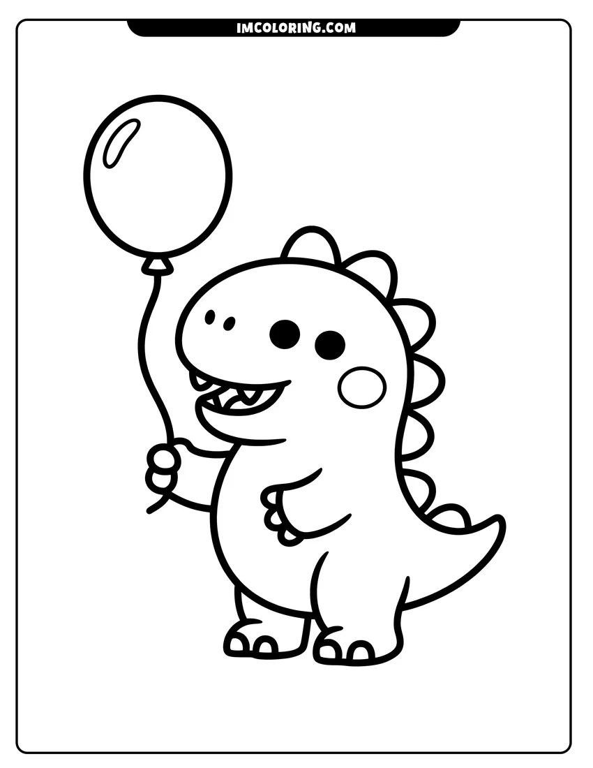 Black and white line art of A friendly baby dinosaur standing and holding a single balloon string with a happy smile