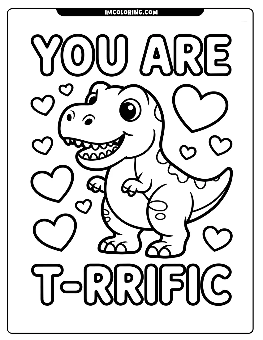Outline drawing of A smiling cartoon Tyrannosaurus Rex surrounded by hearts with the text You Are T-Rrific at the top