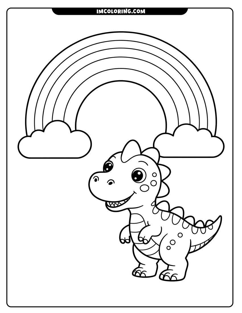 Doodle style coloring picture of A cute baby dinosaur smiling while standing under a large rainbow with two fluffy clouds