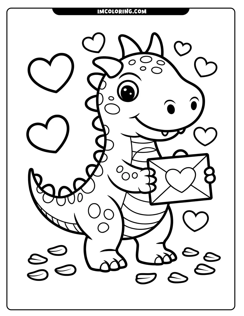 Linear illustration of A cute cartoon dinosaur holding a heart-sealed envelope surrounded by floating hearts and tiny seeds