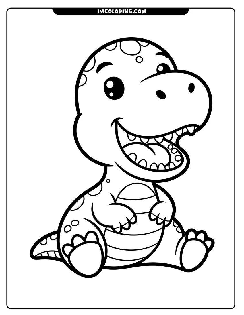 Free printable coloring sheet of A cute cartoon baby dinosaur sitting down with a wide happy smile and big expressive eyes