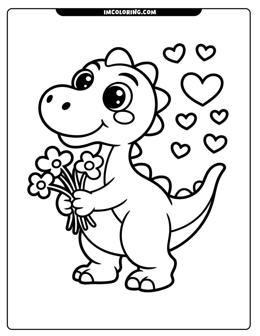 Downloadable coloring page of A smiling baby dinosaur stands holding a bunch of flowers with floating hearts in the background