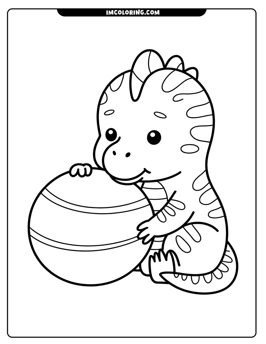 Clean line drawing: A baby dinosaur with stripes sitting down and holding a large striped beach ball with its tiny claws
