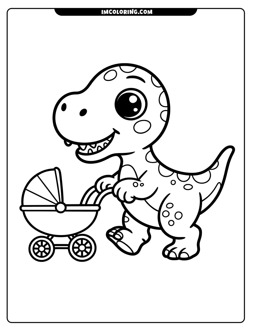PDF style coloring page: A friendly spotted dinosaur smiling and pushing a baby stroller on a white background