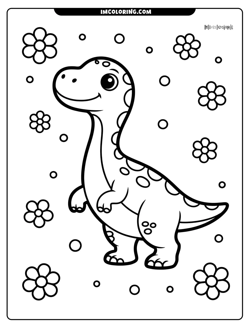 PDF style coloring page: A happy spotted long-neck dinosaur standing in a field surrounded by simple flowers and small circular bubbles