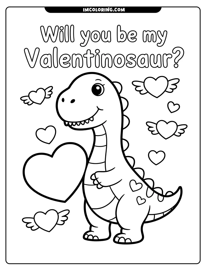 Linear illustration of A cute cartoon dinosaur holding a large heart surrounded by smaller hearts with wings and friendly text