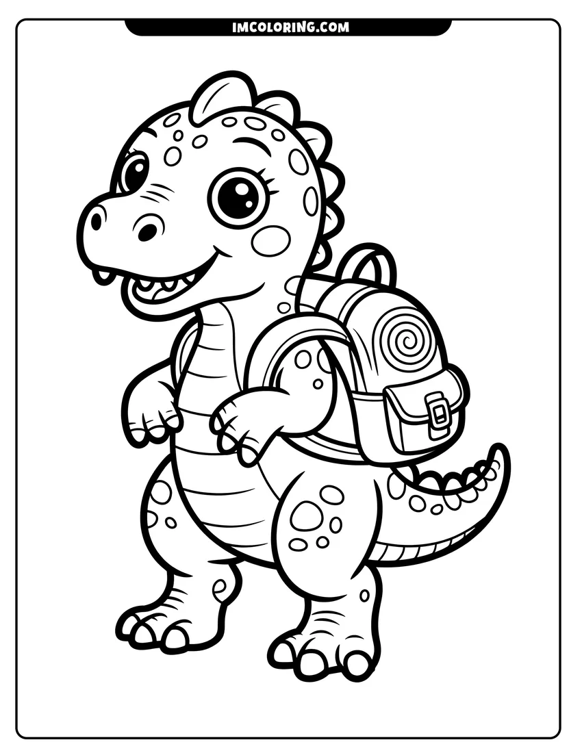 Coloring sheet featuring A happy baby dinosaur standing up and wearing a backpack with thick outlines and big friendly eyes