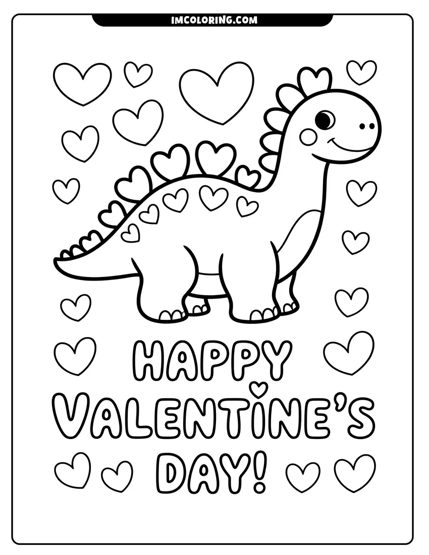 Simple sketch of A cute dinosaur with heart-shaped plates on its back surrounded by floating hearts and Valentine's Day text to color