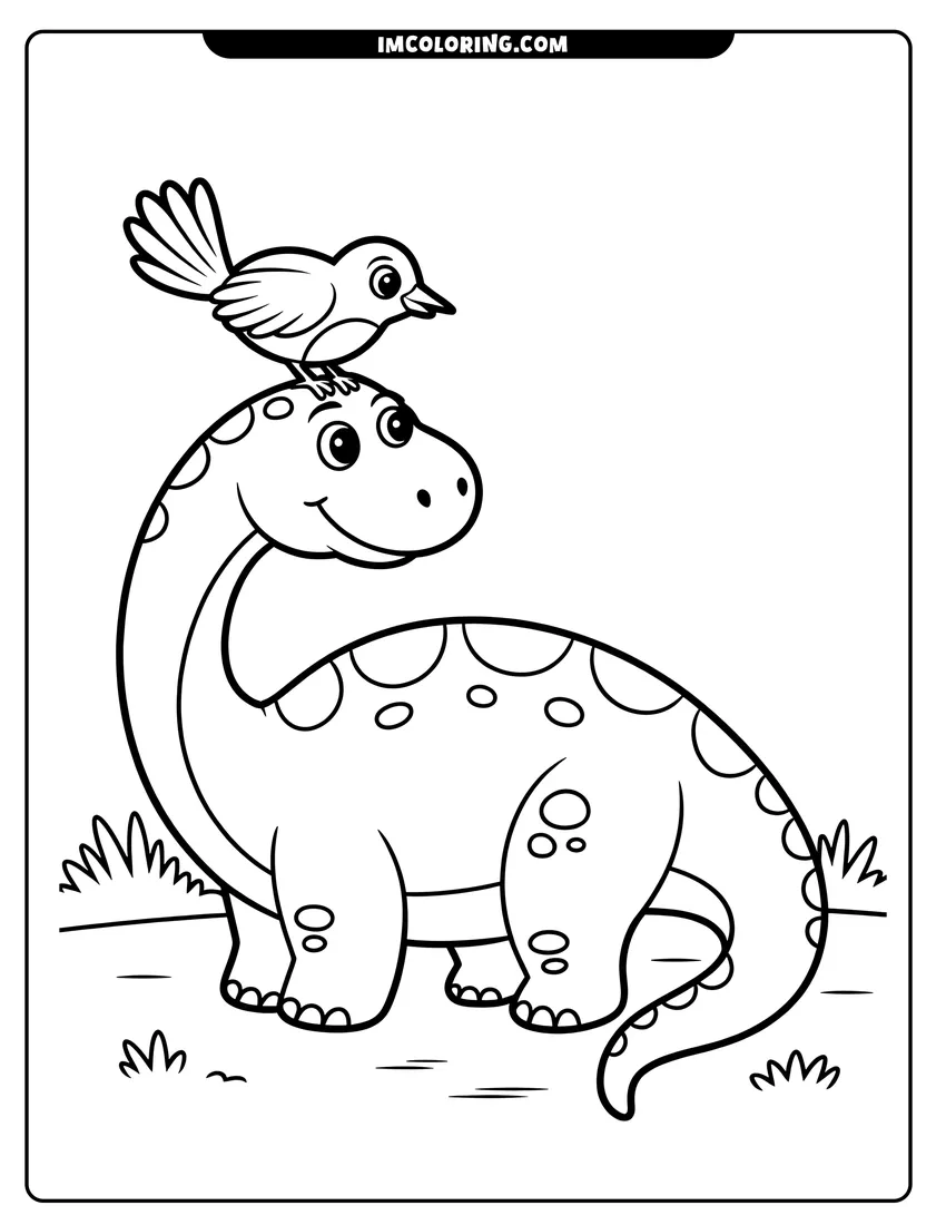 Downloadable coloring page of A friendly cartoon dinosaur smiling with a small bird perched safely on top of its head