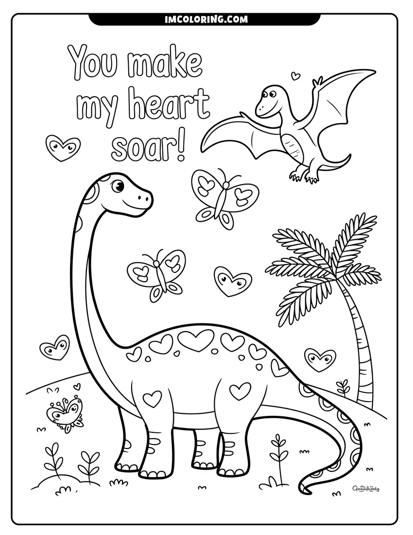 Vector style outline of A long-necked dinosaur covered in hearts stands near a flying pterosaur, butterflies, and a palm tree