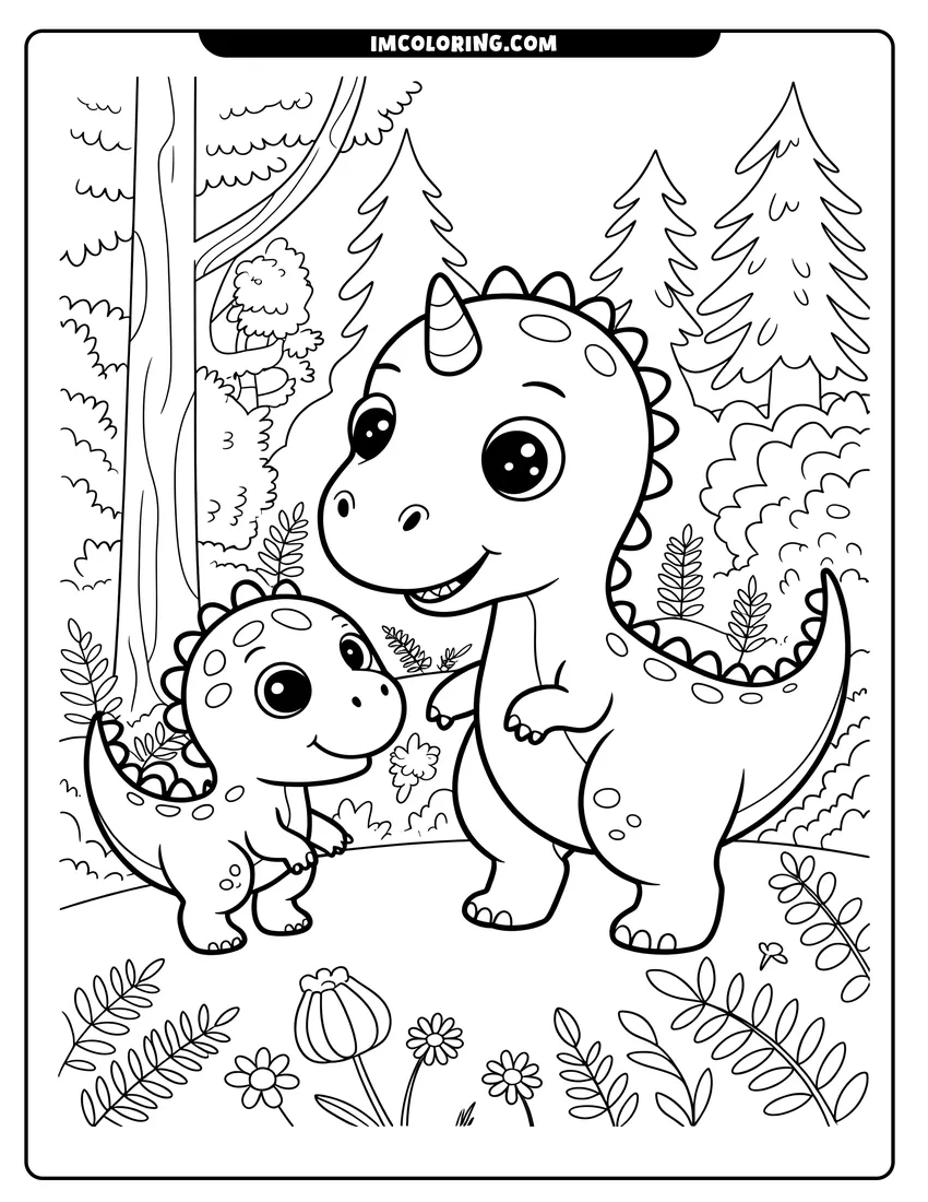 Free to print drawing of Two cute cartoon dinosaurs with big eyes standing in a forest surrounded by pine trees and flowers