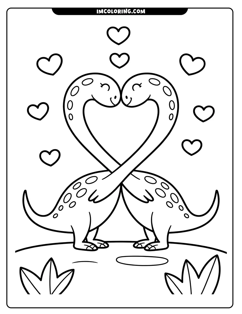 Black and white line art of Two long-necked dinosaurs crossing their necks to form a heart shape surrounded by many small floating heart symbols