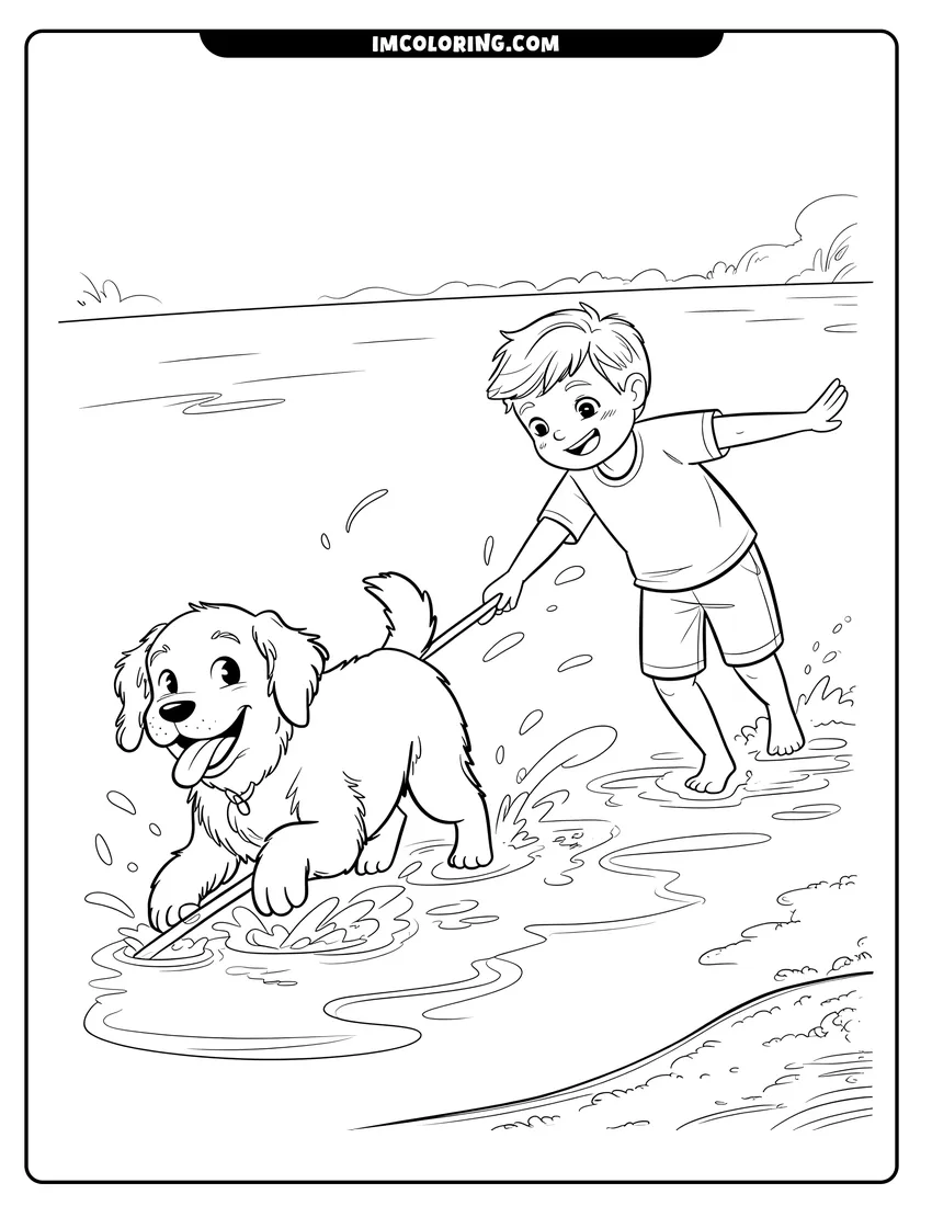Free printable coloring sheet of A cheerful boy and a puppy splashing in shallow water at the beach while playing with a stick