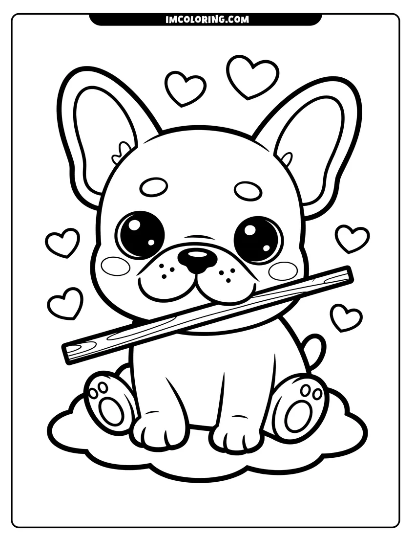 Free to print drawing of A cartoon French bulldog puppy sitting on a cloud holding a wooden stick, surrounded by small hearts
