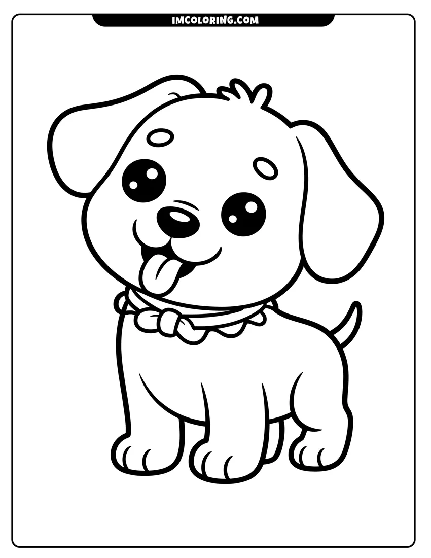 Coloring page for kids: A cute puppy with big eyes and a bow collar standing and sticking its tongue out happily