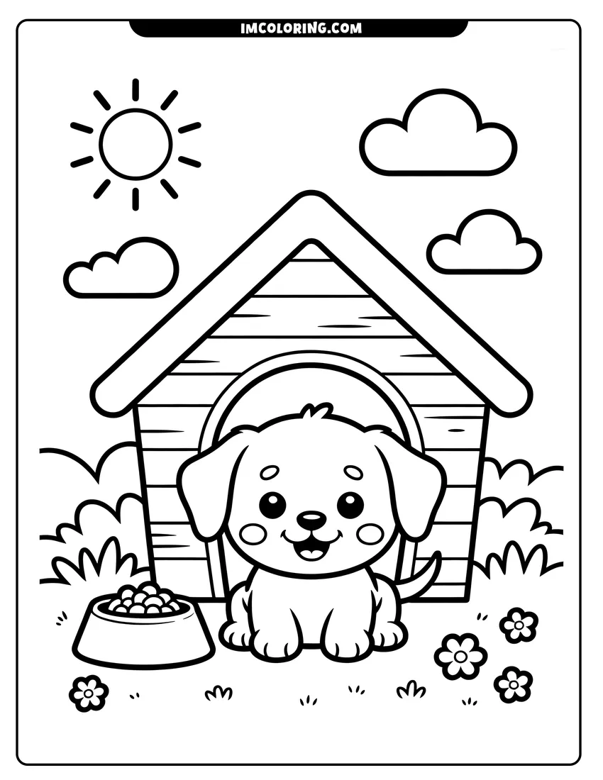 Free printable coloring sheet of A small puppy sitting in front of its wooden doghouse next to a bowl of food