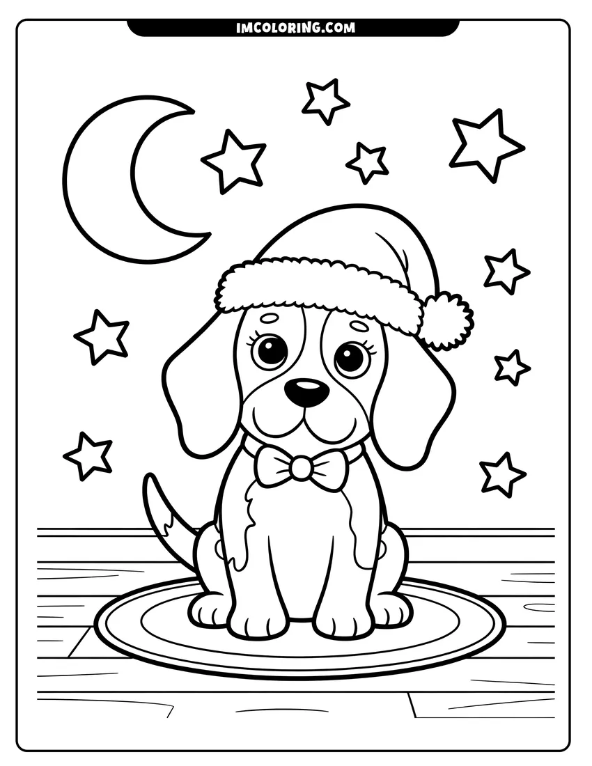 Full page coloring image of A small dog in a Christmas hat and bow tie sitting on a rug with stars behind