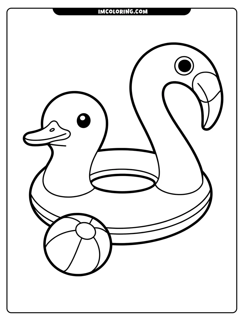 Coloring page of A duck float and a flamingo float sit next to a striped beach ball for pool fun