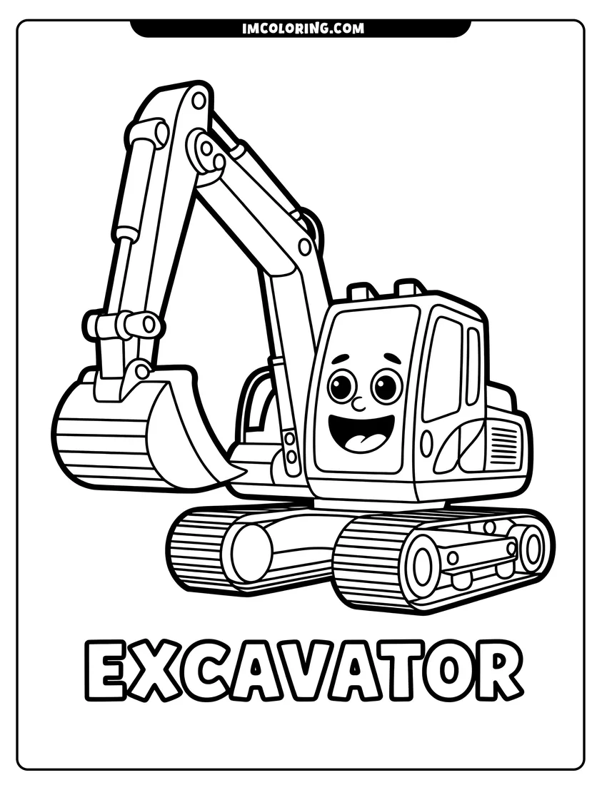 High quality printable A happy cartoon excavator with a smiling face and large digging bucket on a construction site for coloring