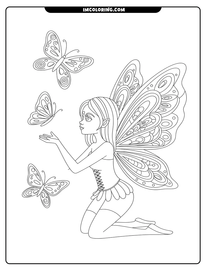 Simple sketch of A fairy with patterned wings kneeling and reaching towards three flying butterflies in a garden to color