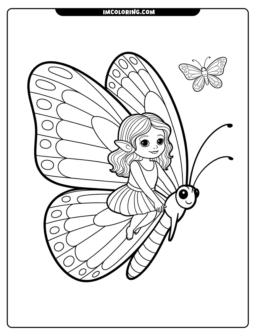 Printable line art of A cute fairy with long hair riding on the back of a large, smiling butterfly in flight