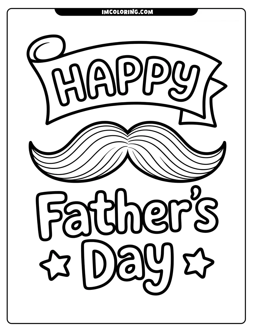 Vector style outline of Happy Father's Day text with a large detailed mustache and two small stars in a clean outline style