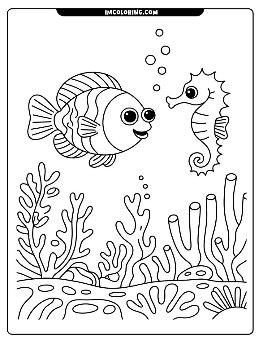 High quality printable A cute striped fish and a small seahorse swimming near coral reefs and bubbles in the ocean for coloring