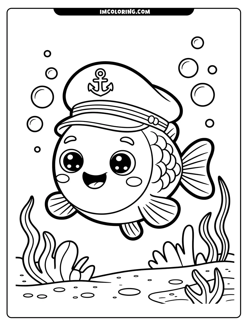 Coloring page of A cute round fish wearing a captain's hat swimming underwater with bubbles and seaweed in the background